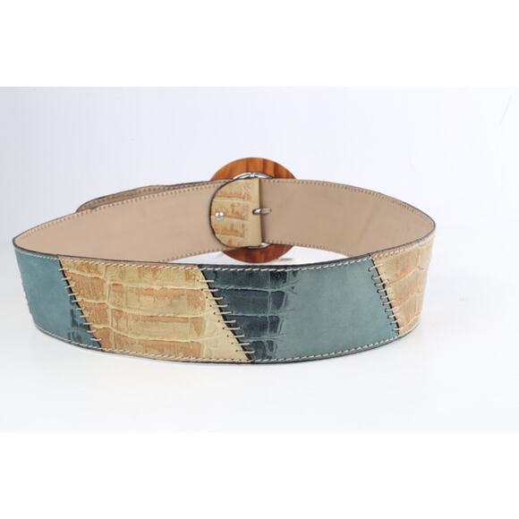 Green Baige Patchwork Leather Round Buckle Wide Adjustable Waist Belt Size 90 main image 3